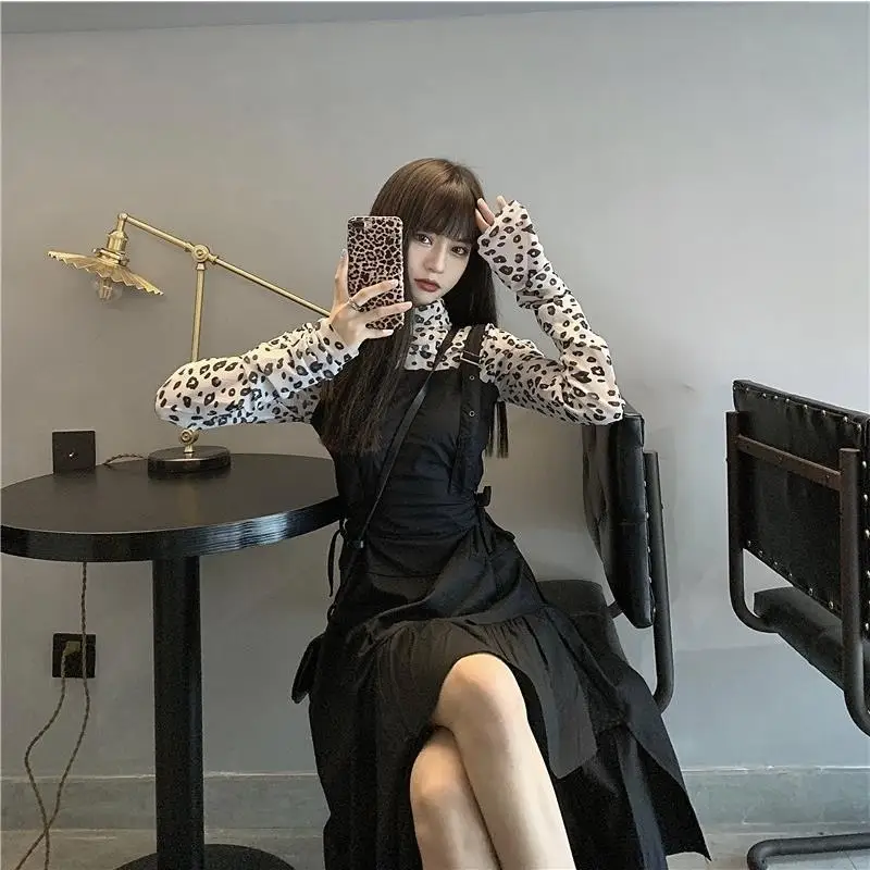 Set Wanita Atasan macan tutul gaun modis keren pelajar perempuan High Street Korea Vestidos bergaya desain tidak teratur pakaian pesta Ins