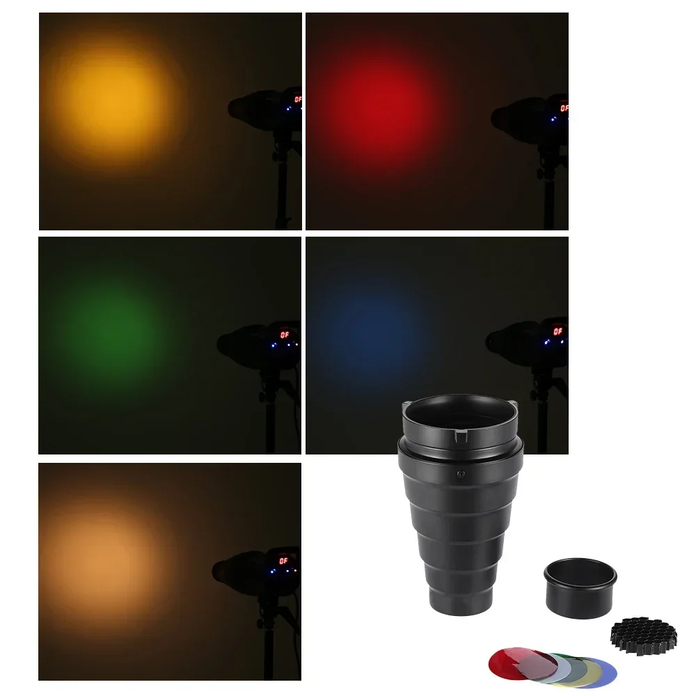 

Flash beam tube Metal Conical Snoot with Honeycomb Grid 5pcs Color Filter Kit for Studio Strobe Monolight Photography Flash