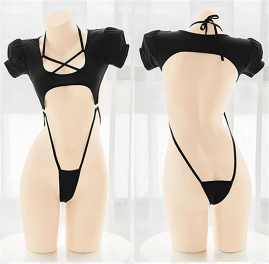 Anime Student Puff Sleeve Black One-piece Swimsuit Cross Straps Bodysuit Mini Pleated Skirt Swimwear Uniform Pool Party Cosplay