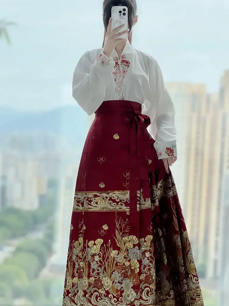 التقليدية الصينية Hanfu الحصان الوجه تنورة سترة ماميانقون تنورة قصيرة مجموعة التطريز أعلى الحصان الوجه تنورة قطعتين مجموعة 2023