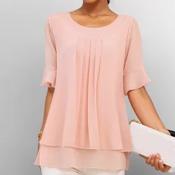 Solid Color Casual Loose Fit Blouse Women Plus Size Short Sleeve Ruffles Chiffon Top Shirt Pleated Round Neck Summer Blouses