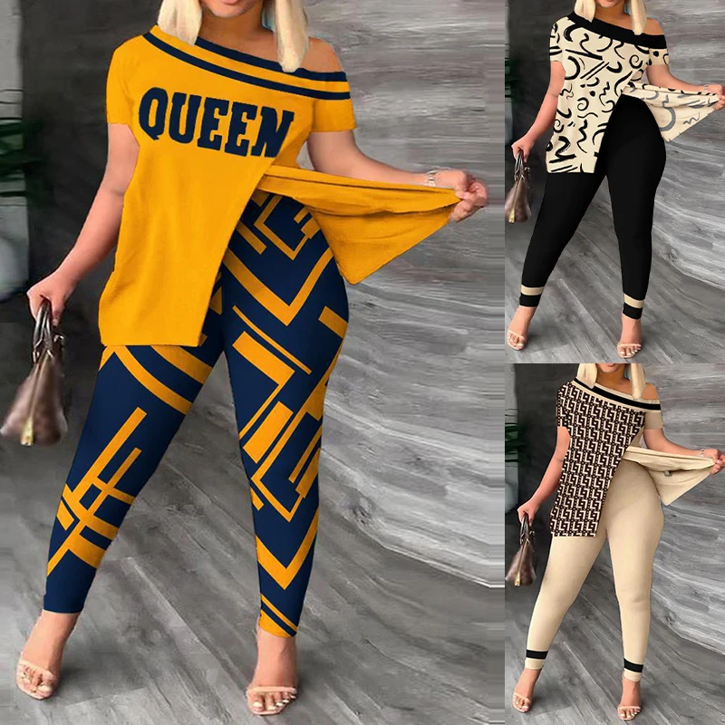 Elegante conjunto feminino de duas peças, estampa de praia, um ombro, parte superior dividida, leggings elásticas, calça curta e skinny, roupas casuais, verão