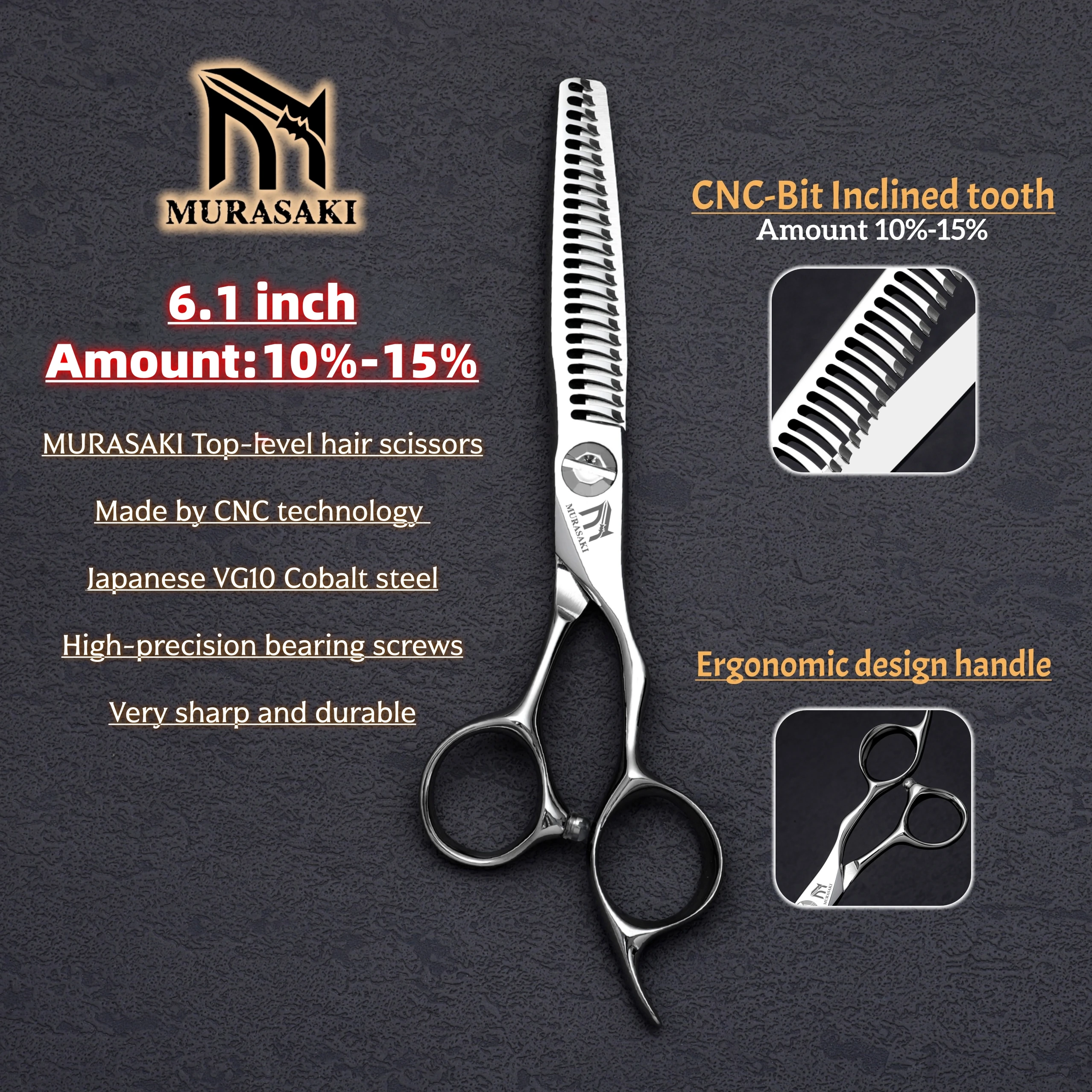 MURASAKI 6.1 inch Thinning Scissors，Top-level Numerical Control Technology，Japanese VG10 Cobalt Steel，Ergonomic Design Handle