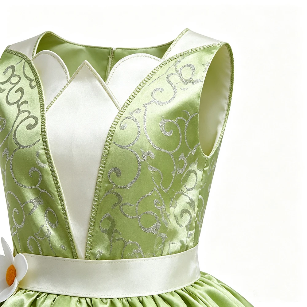 Tiana Kostüm Mädchen Grünes Prinzessinnenkleid mit Feenflügeln Krone Zauberstab für Mädchen Bühnenauftritt Halloween Cosplay – Detail 5