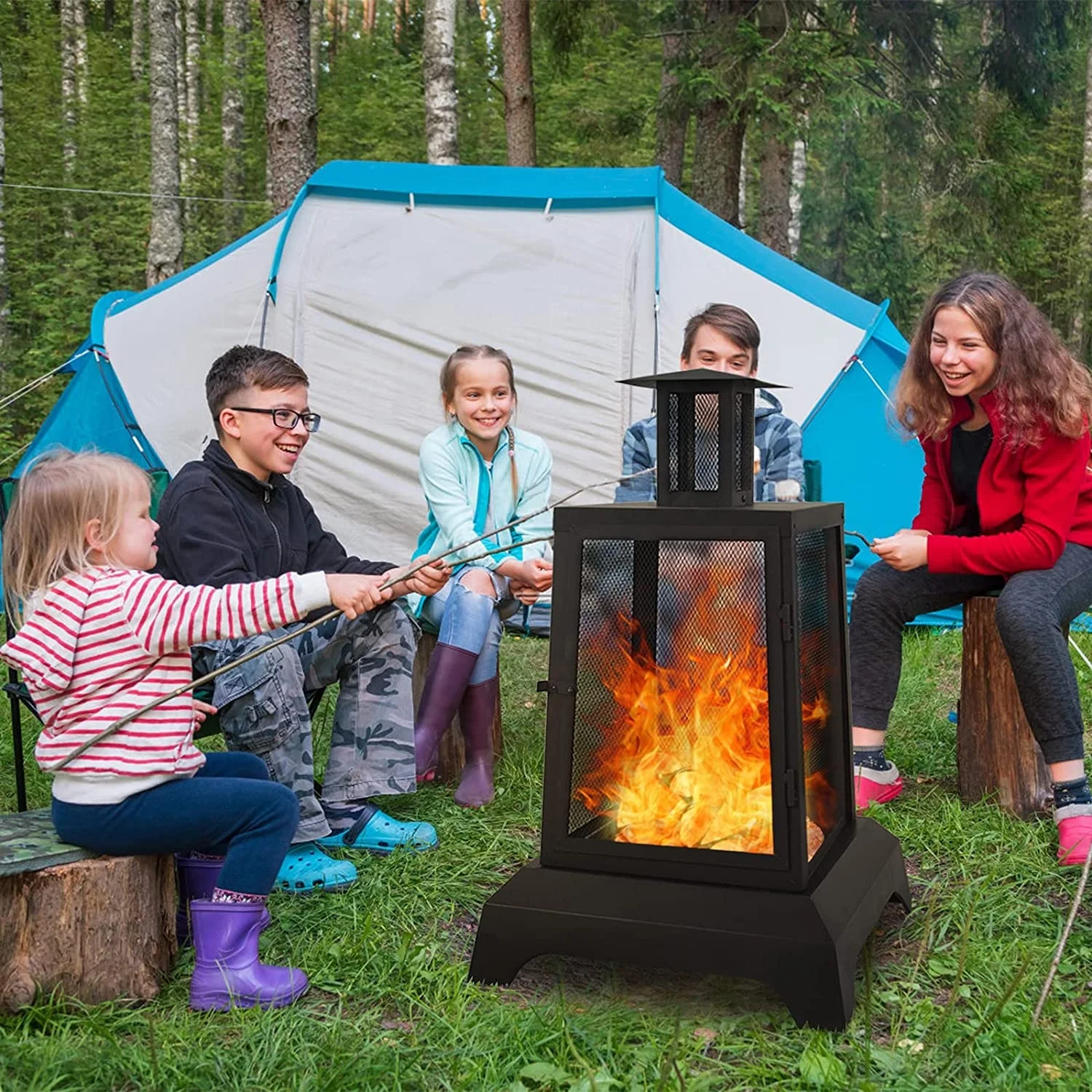 Large Outdoor Gas Fire Pit Wood Burning Chimineas Steel Big Outdoor Pagoda Style Firepits Bowl With Mesh Spark Screen