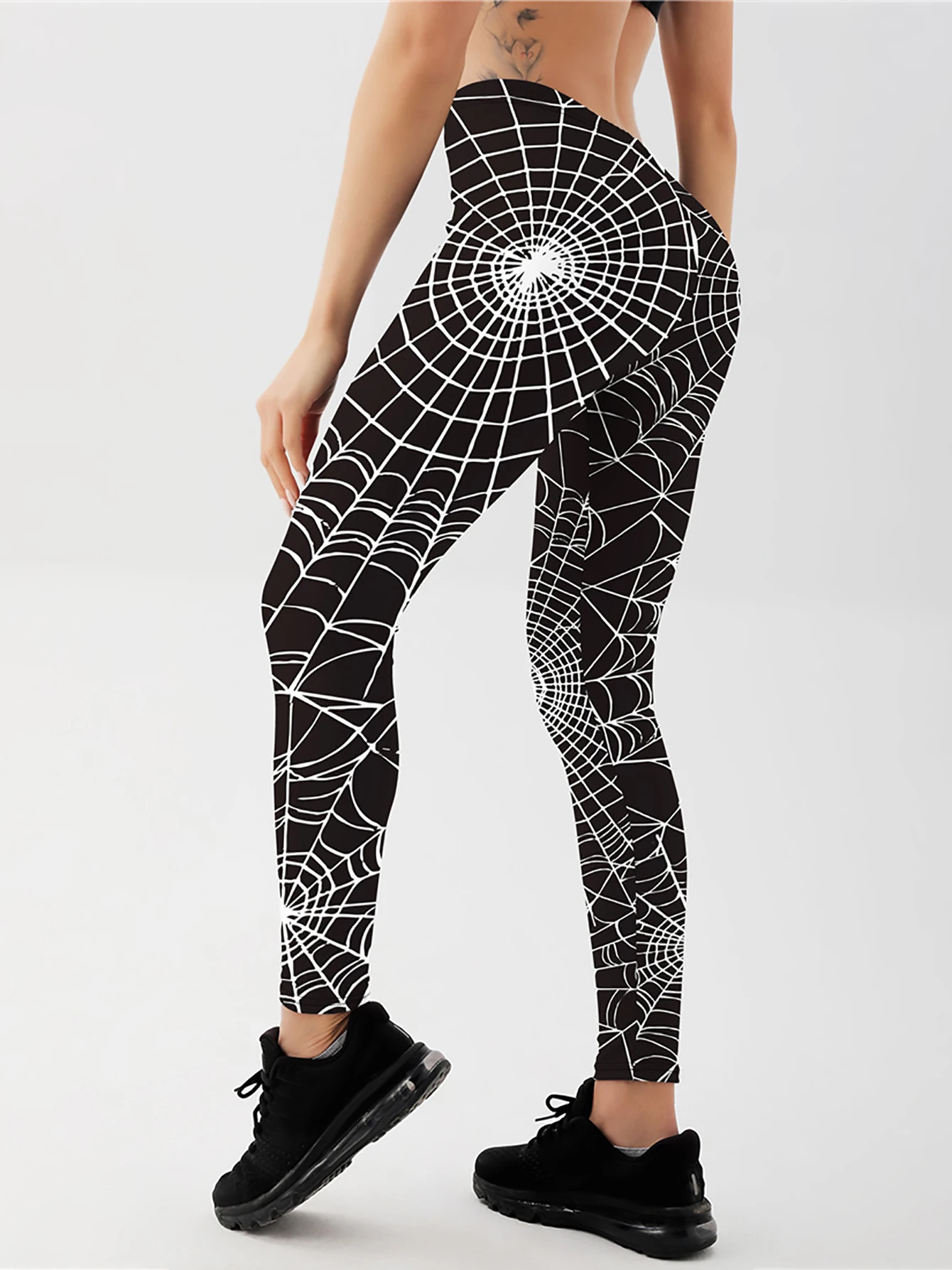 Qickitout Sexy Women\'s Black Leggings Print Spider Web Grid Push Up Fitness Legging Slim workout Legging