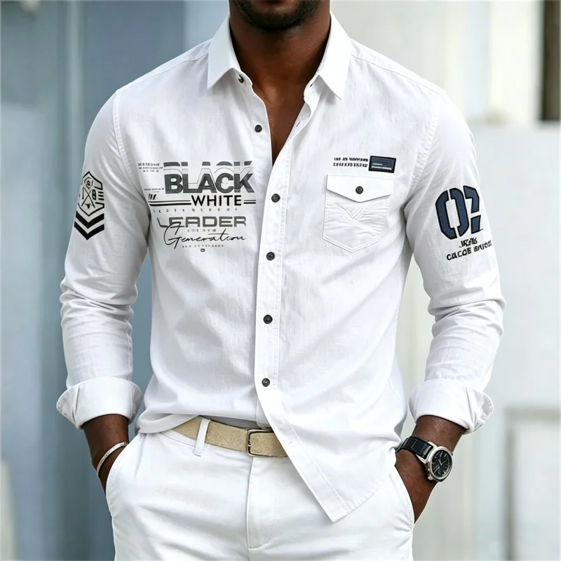 Men's shirt, personalized printed shirt, lapel long sleeved cardigan, street outdoor casual men's shirt, comfortable fabric