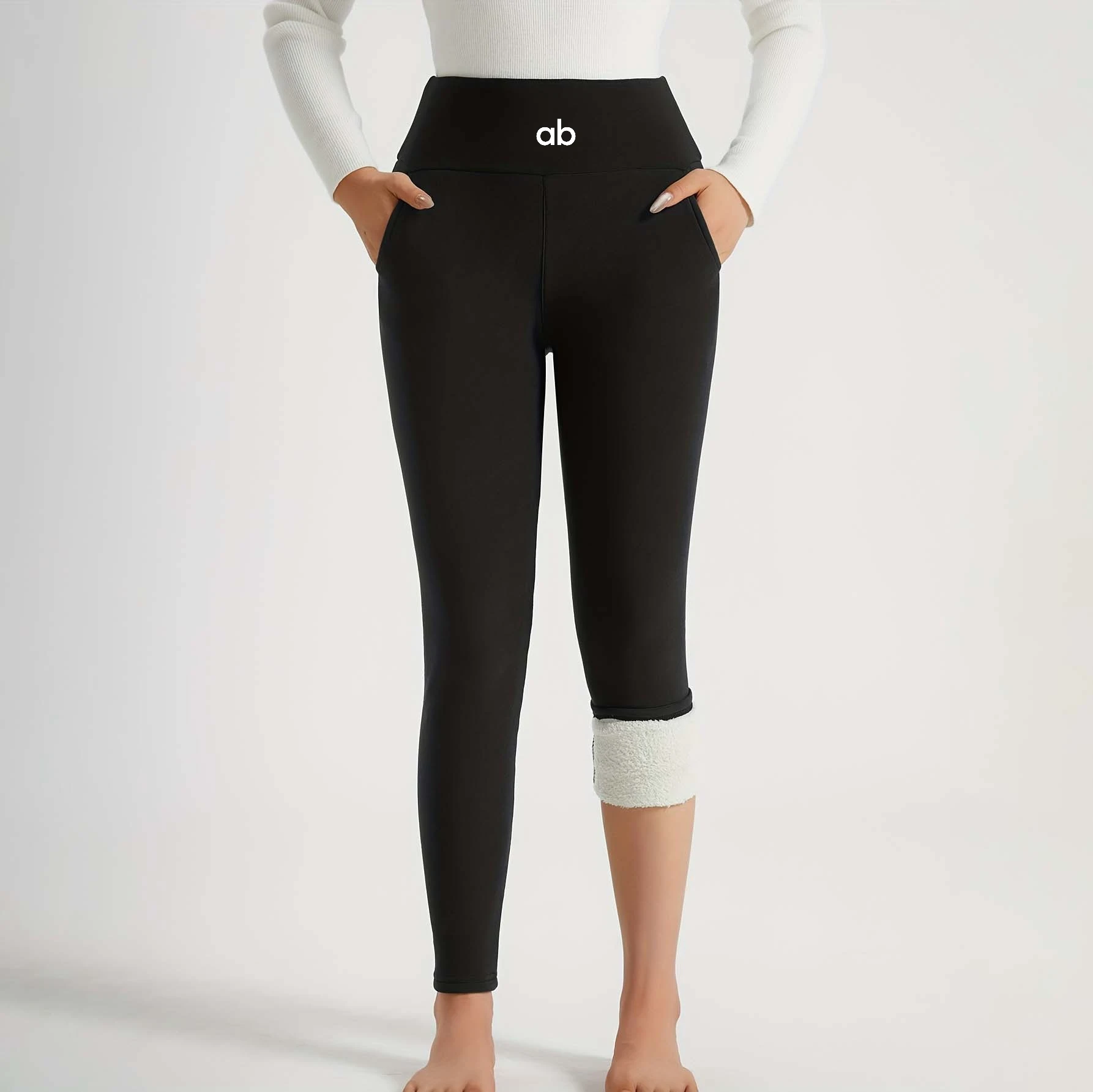 Women High Waist No Pockets Fleece Leggings Winter Warm Tummy Control Butt Lifting Elastic Yoga Workout Outdoor Pants