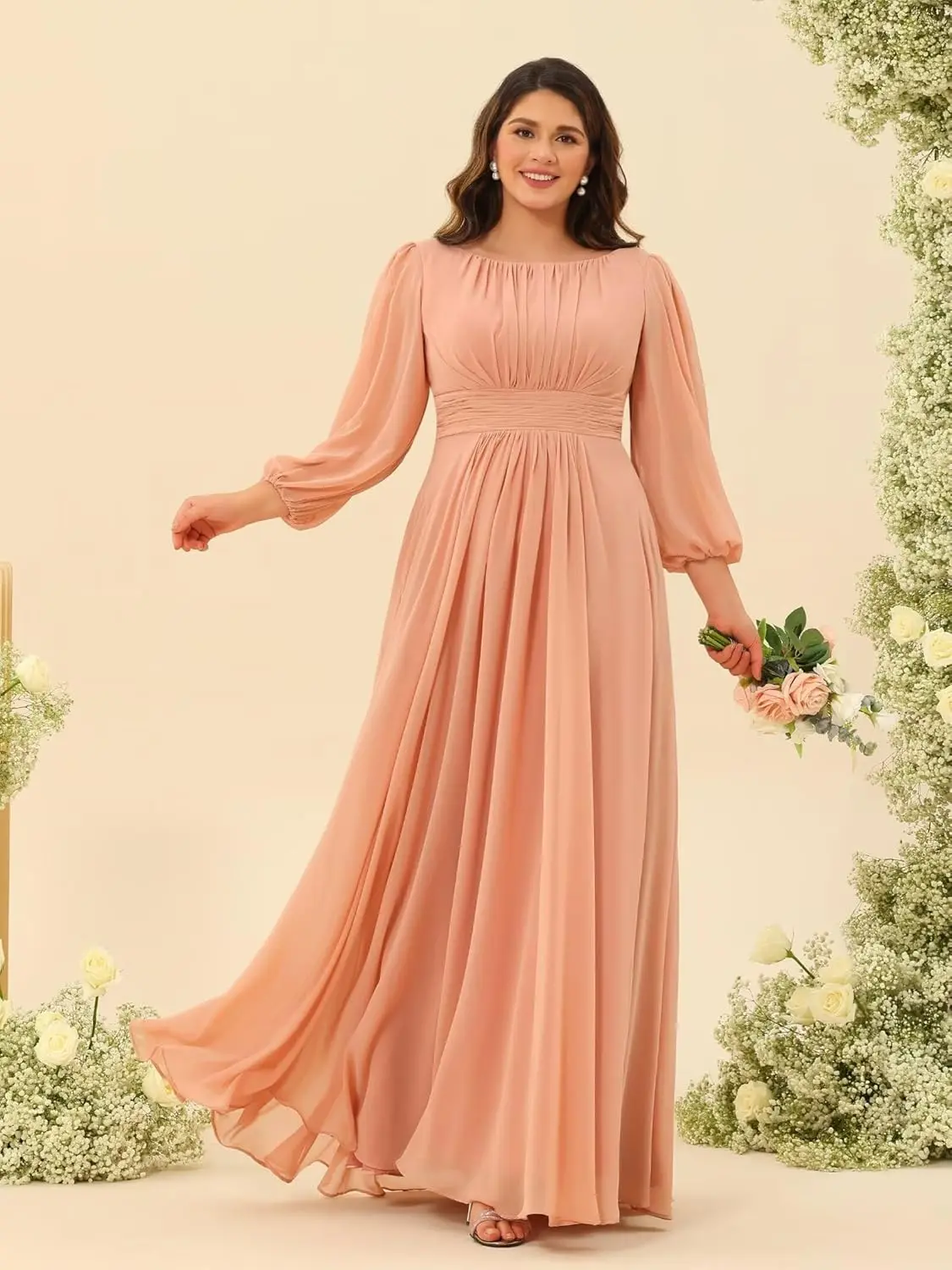 Chiffon Long Sleeves Bridesmaid Dresses Scoop Neck Pleated A Line Long Formal Dresses for Women Plus Size Wedding Guest Dress