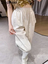 Fashion Wide-Leg Pants Diamond-Embedded Casual Pants for Women 2024 Spring New Drawstring Tied High Waist Loose Straight Pants