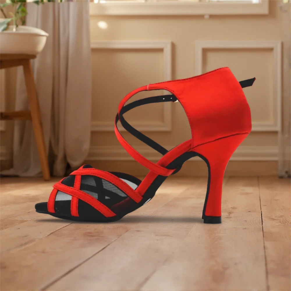Evkoodance DIY Zapatos De Baile tamaño EE. UU. 4-12 satén rojo con malla negra 8,3 cm altura del tacón zapato De baile De satén latino Evkoo-525