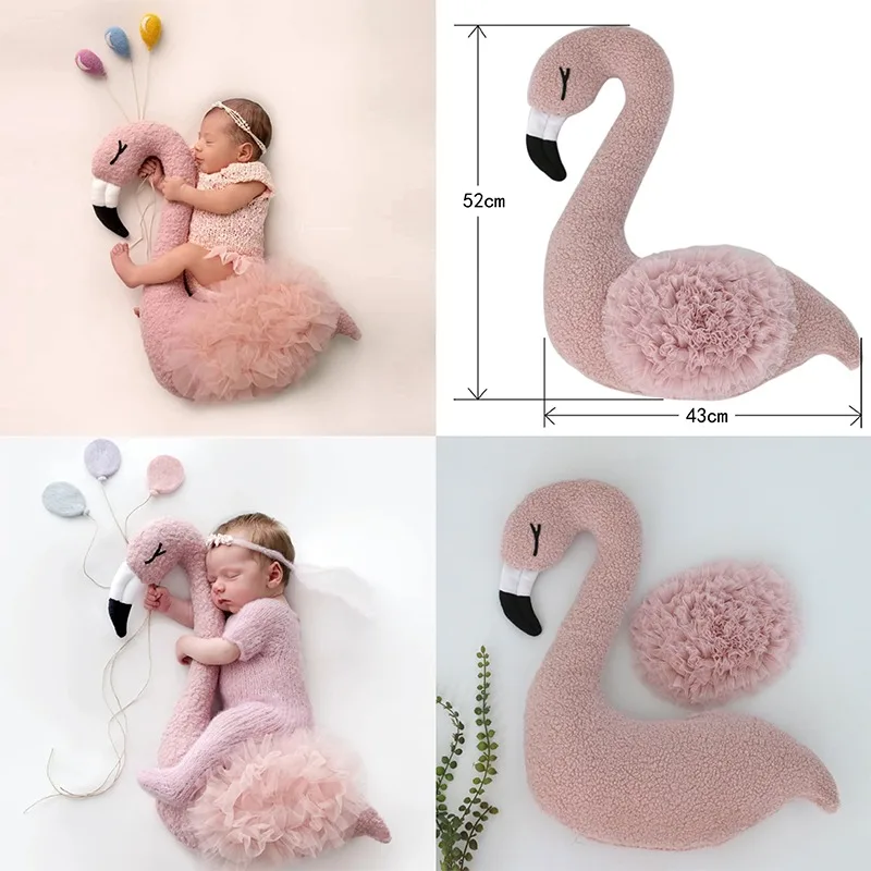 Newborn Photography Props Soft Flamingo Modeling Pillow+Lace Fluffy Yarn Cushion 2pcs/set Baby Fotografia Photo Shooting Props