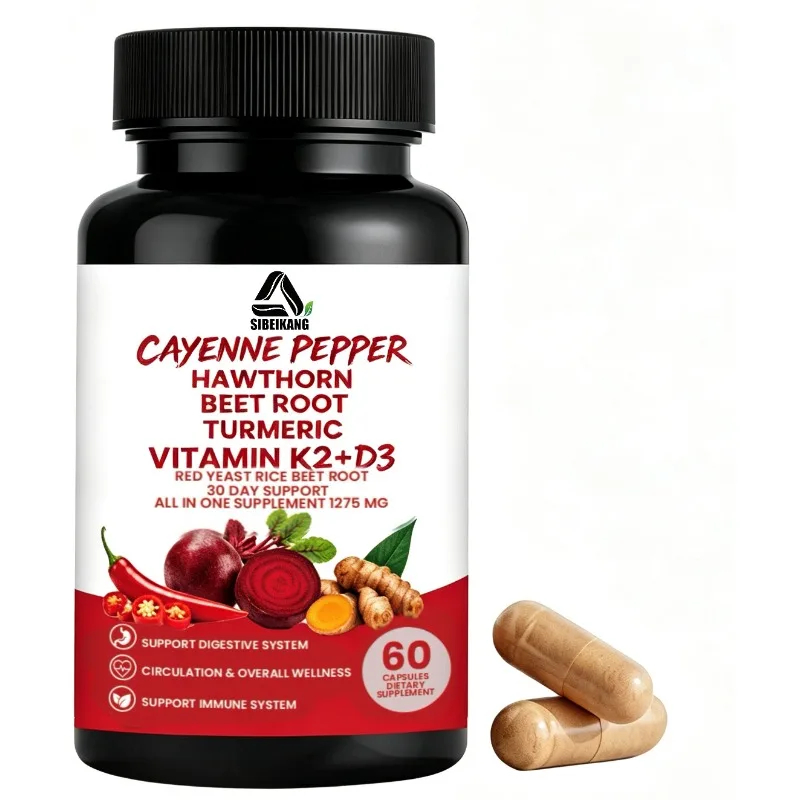 Chili Hawthorn Sweet Cabbage Root Turmeric Vitamin K2+D3 Digestive Immune Health Support 60 Capsules