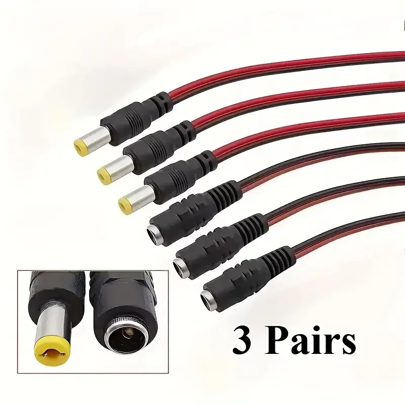 3 Pairs 12V DC5521 Male & Female Connectors  – Soldered-End Cables, Copper Contacts, PVC Insulation for DIY Wiring