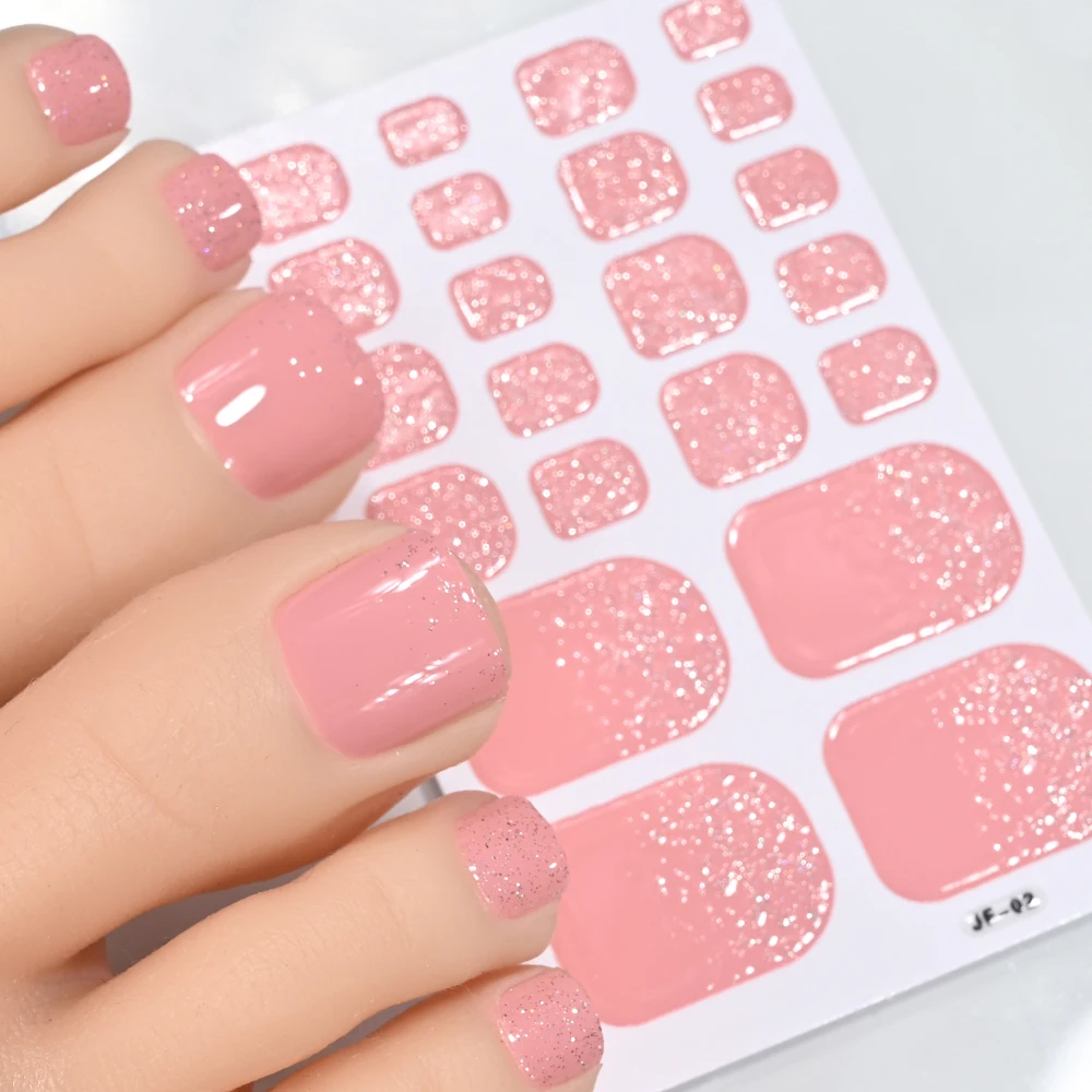 22tips Glitter Toe Nail Sticker Wraps Adhesive Decals Toenail Polish Strips Patch Women Solid Color Full Cover DIY Foot Sliders