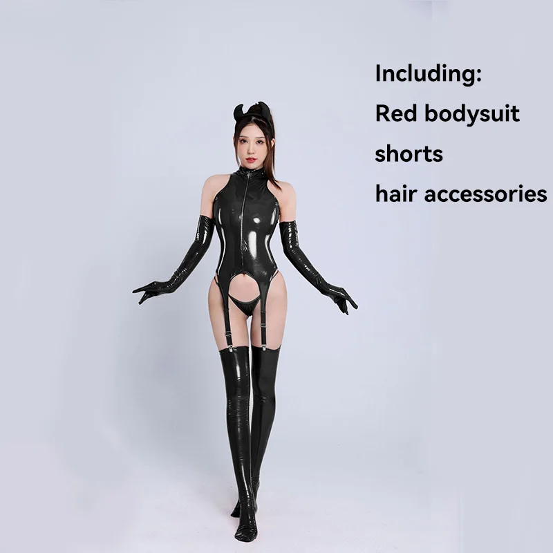 Leather Lingerie Latex Catsuit Fetish Lacquer jumpsuit, shiny PU lingerie, shiny lacquer nightclub devil tight fitting suit set