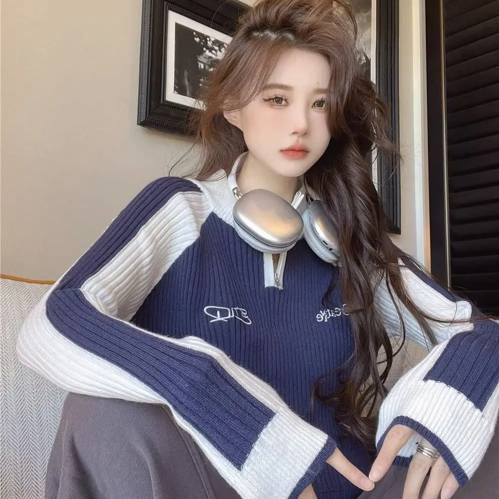 Half-Neck Fake Two-Piece Knitted Bottoming Shirt Women Spring Long Sleeve Crop Tops Korean Letters Zipper Fashion High Street