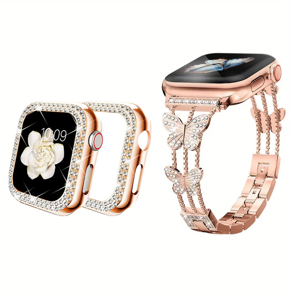 Diamantarmband + Stoßstangengehäuse für Apple Watch Band 40 mm 41 mm 44 mm 45 mm Luxus-Edelstahlarmband iWatch Serie 9 8 7 6 5 4 SE