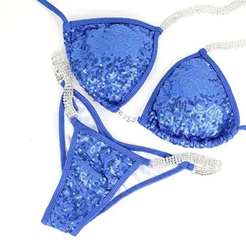 Biquíni de competição NPC IFBB para mulheres, conectores de strass, biquíni scrunch, azul celeste
