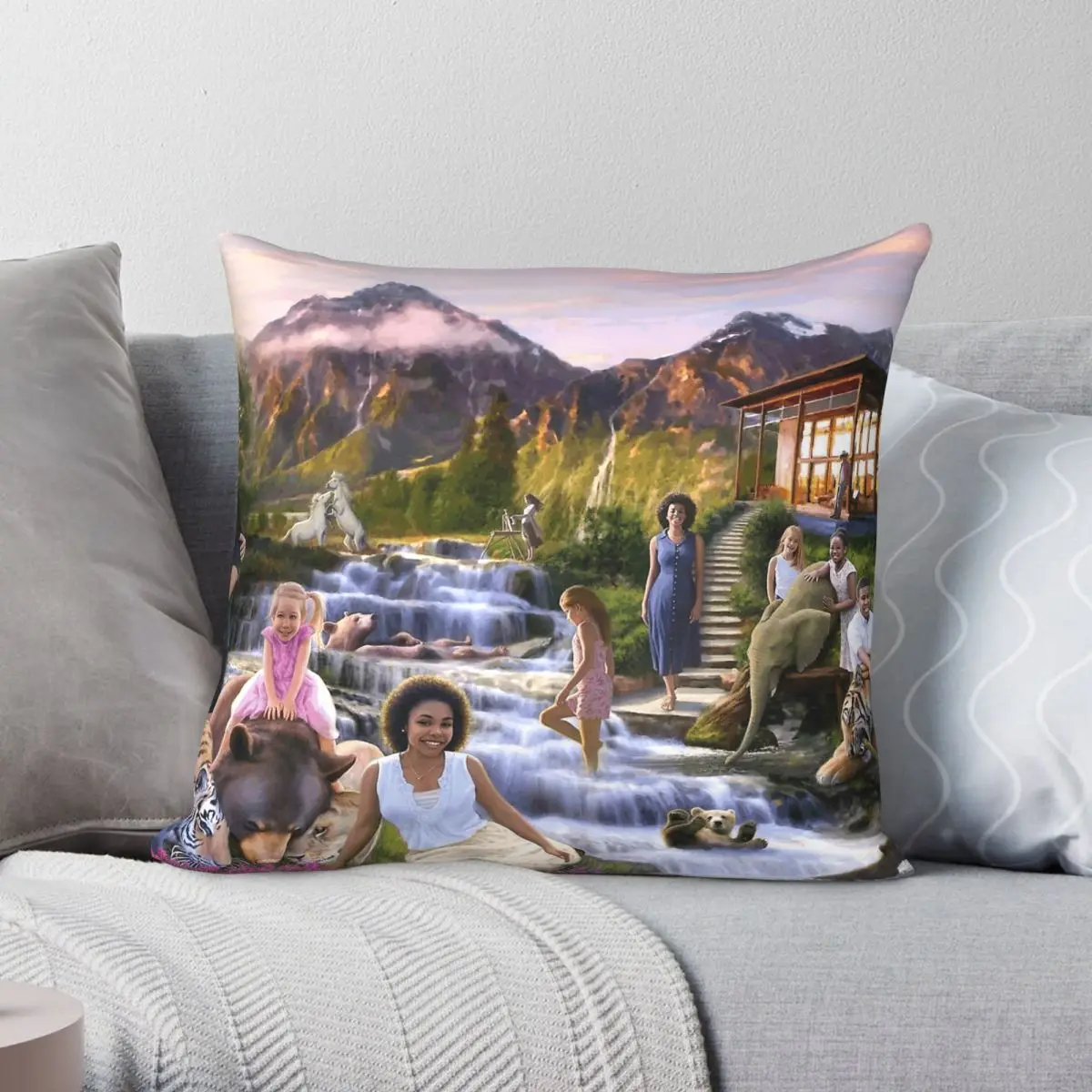 Mountain Paradise Square Pillowcase Polyester Linen Velvet Printed Zip Decor Bed Cushion Cover