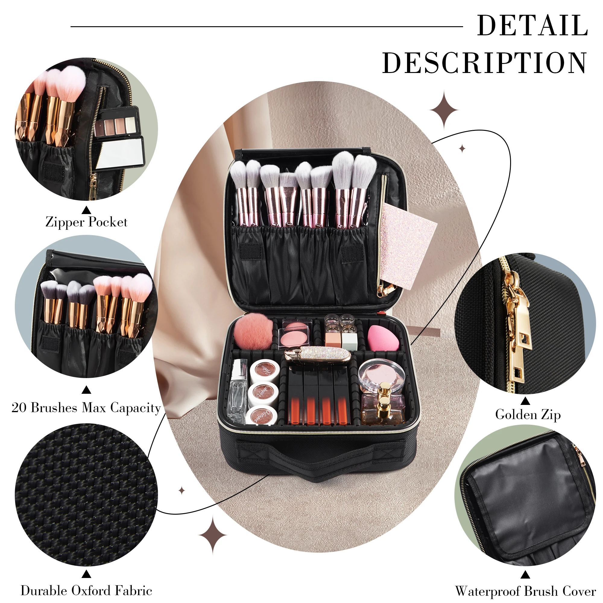 Cosmetic Case Makeup Bag Vanity Travel Beauty Box Make Up Train Case Hairdressing Tools Organiser with Adjustable Compartment view 3