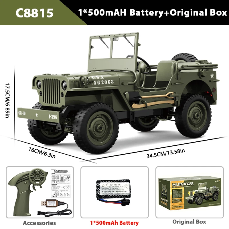 JJRC C8815 1/10 WILLYS JEEP Rc Auto 1941 4WD RTR Crawler Klimmen Schaal Militaire Vrachtwagen Terreinwagen Volwassen Speelgoed Cadeau voor Kinderen