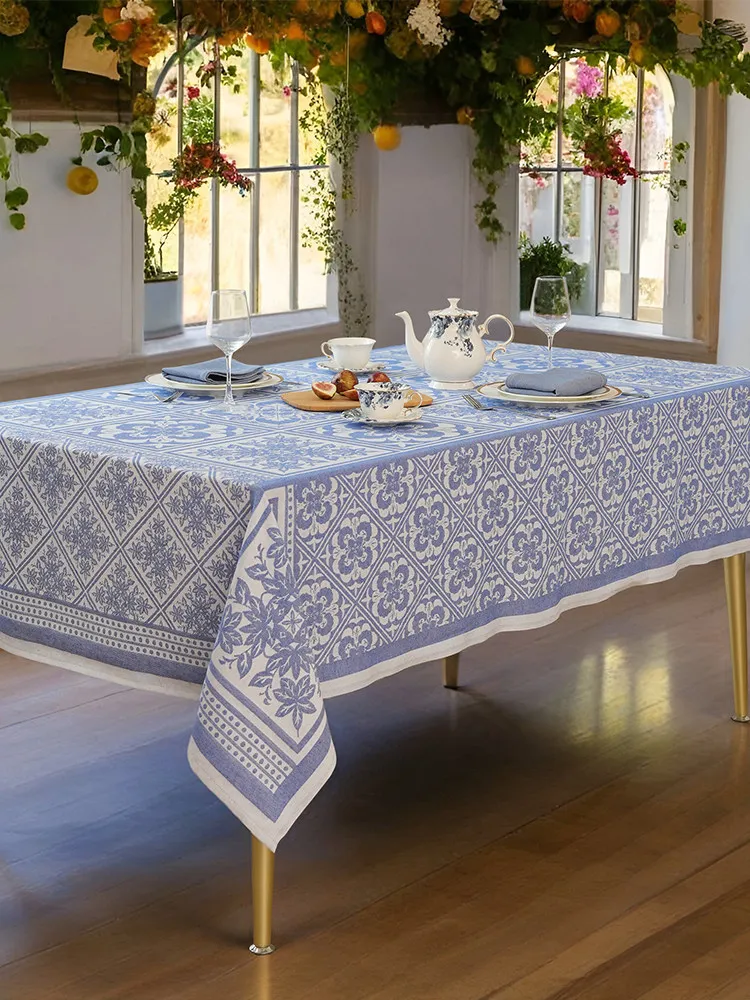 Blue Jacquard Cotton Tablecloth Vintage Mediterranean Rhombus Pattern Rectangular Luxury Dining Table Cover for Home Decor