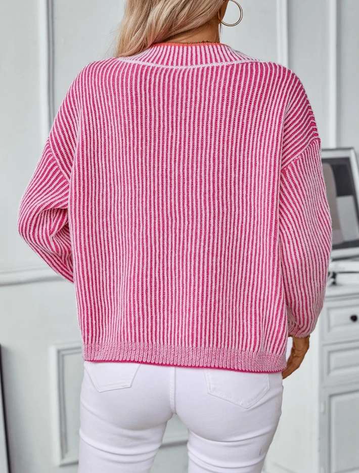 Sweater for Women Autumn and Winter V-Neck Striped Sweater Casual Pullover Loose Long Sleeved Knitted Pullover Women's Clothing