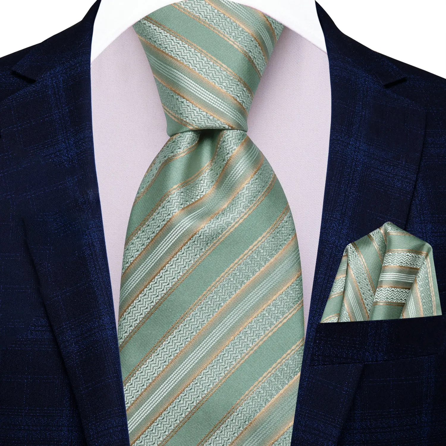 Green Striped Tie Or Pocket Square Kit VerveRow Men Formal Accessory Daily Party Fine Craft Comfort Stylish Outfit 2Pcs
