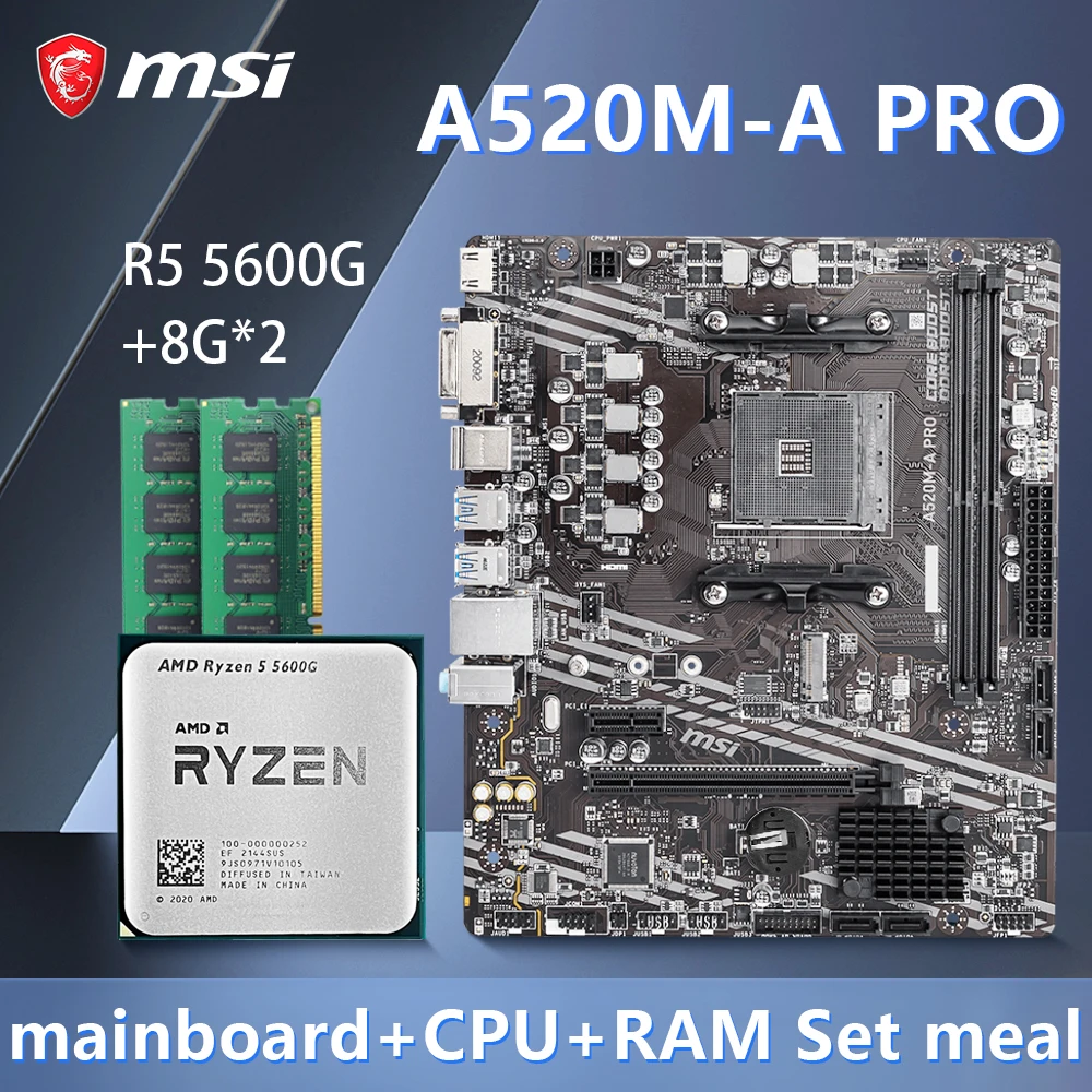 

MSI A520M-A PRO Motherboard with R5 5600G CPU and 8GB*2 Supports Socket AM4 R9 5900X R7 5700X3D CPU AMD A520 2xDDR4 Micro-ATX