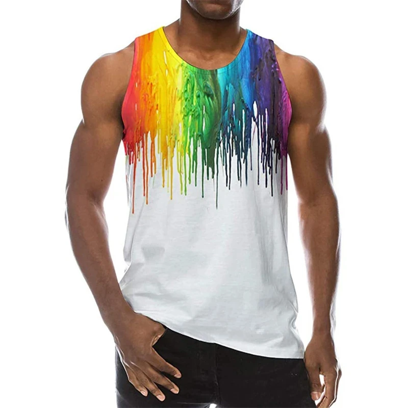 

2024 New Rainbow Paint Splatter 3D Printed Graffiti Men's Tank Tops Men Hip Hop Casual Boy Vest Streetwear Male Undershirt Tops