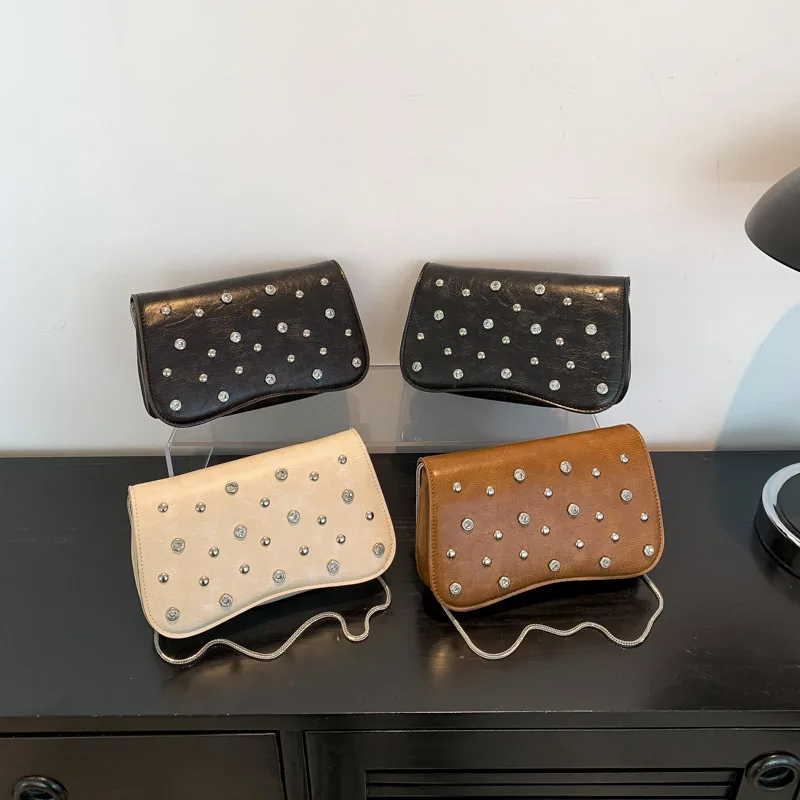 Women's Handbag One Shoulder Crossbody Bag New Fashionable and Versatile Spicy Girl Rhinestone Rivet Chain Personality