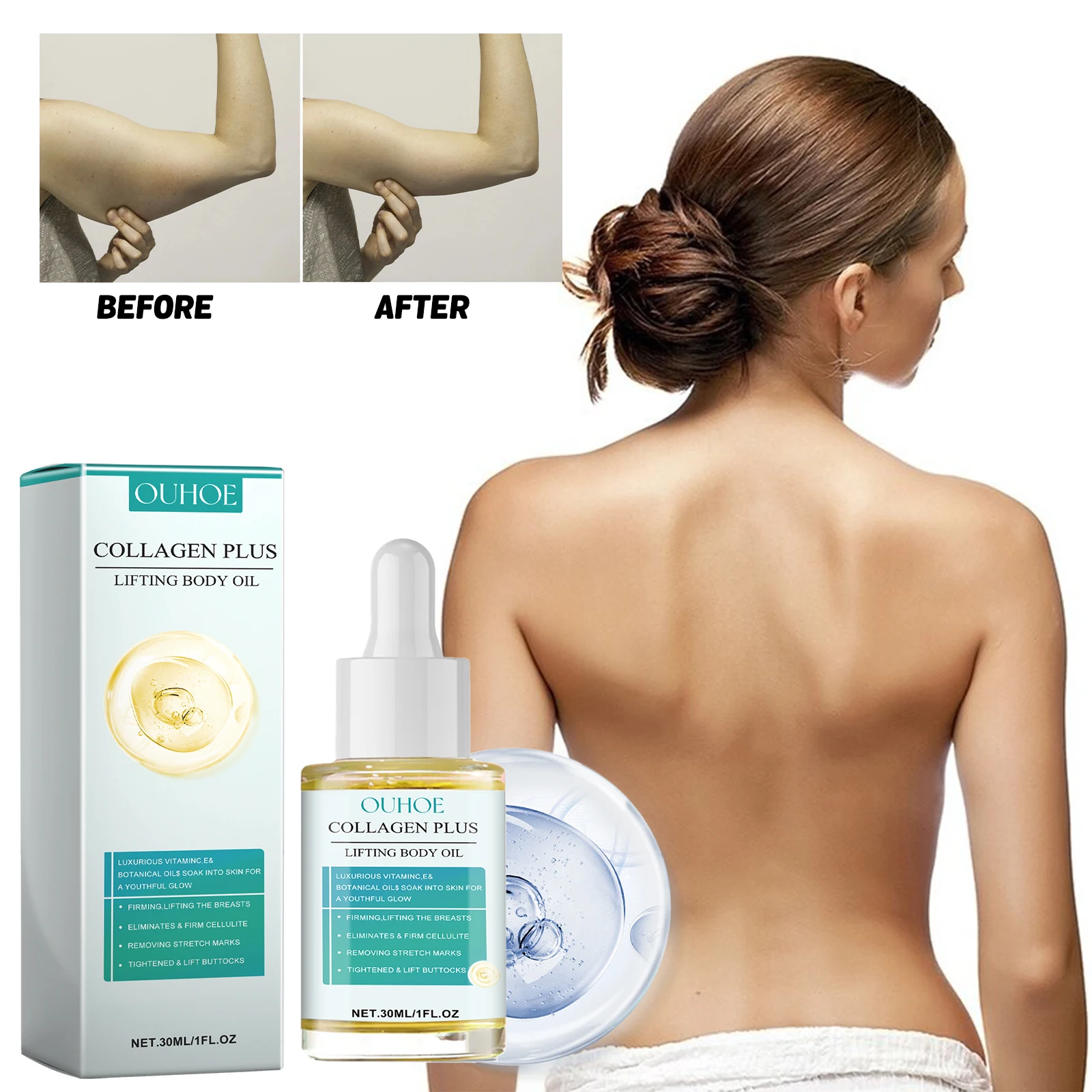 

Коллагеновое масло для тела подтягивает грудь и ягодицы, разглаживает линии кожи, увлажняет и питает тело, эфирное масло.