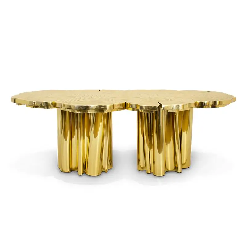 

Light luxury mansion stainless steel etched dining table, creative large flat petal-shaped round dining table