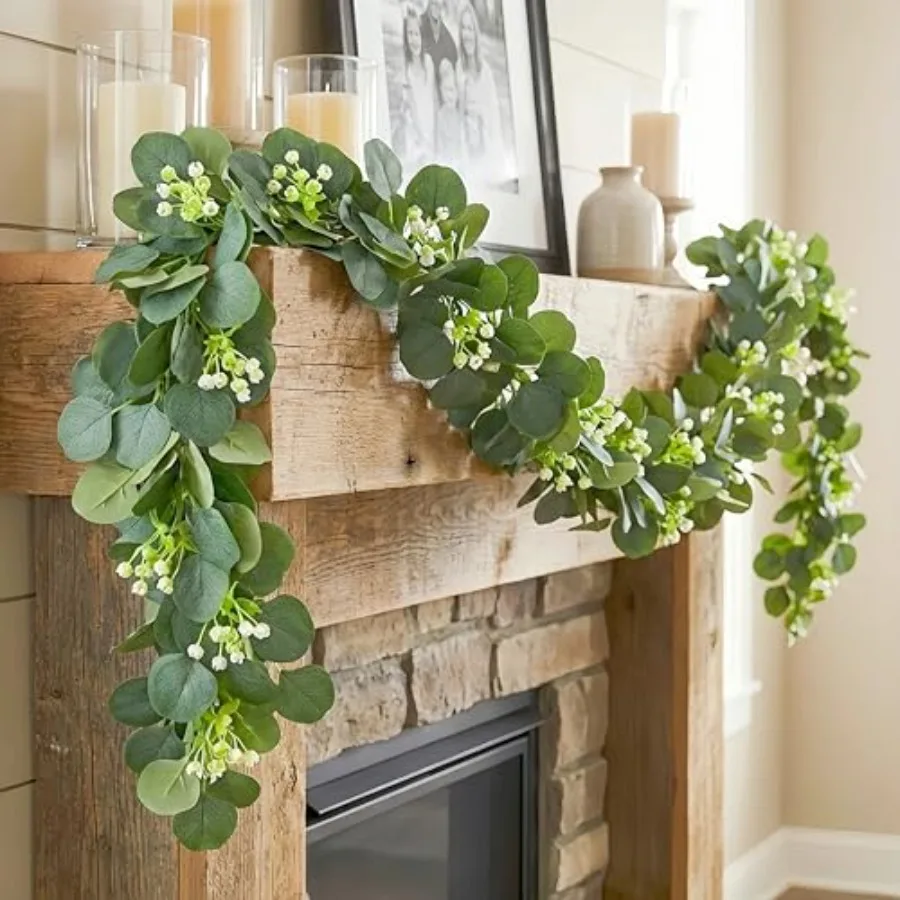

Artificial Eucalyptus Garland 8 Pack, Faux Eucalyptus Greenery Garland 6 Feet, Realistic Eucalyptus Vine with Flowers for Weddi