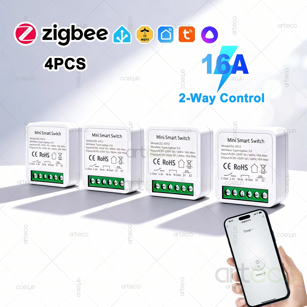 4Pcs ZigBee Smart Mini DIY Switch Automation Module 16A Relay 2 Way Control App Remote Control Need Zigbee Gateway Support 2MQTT