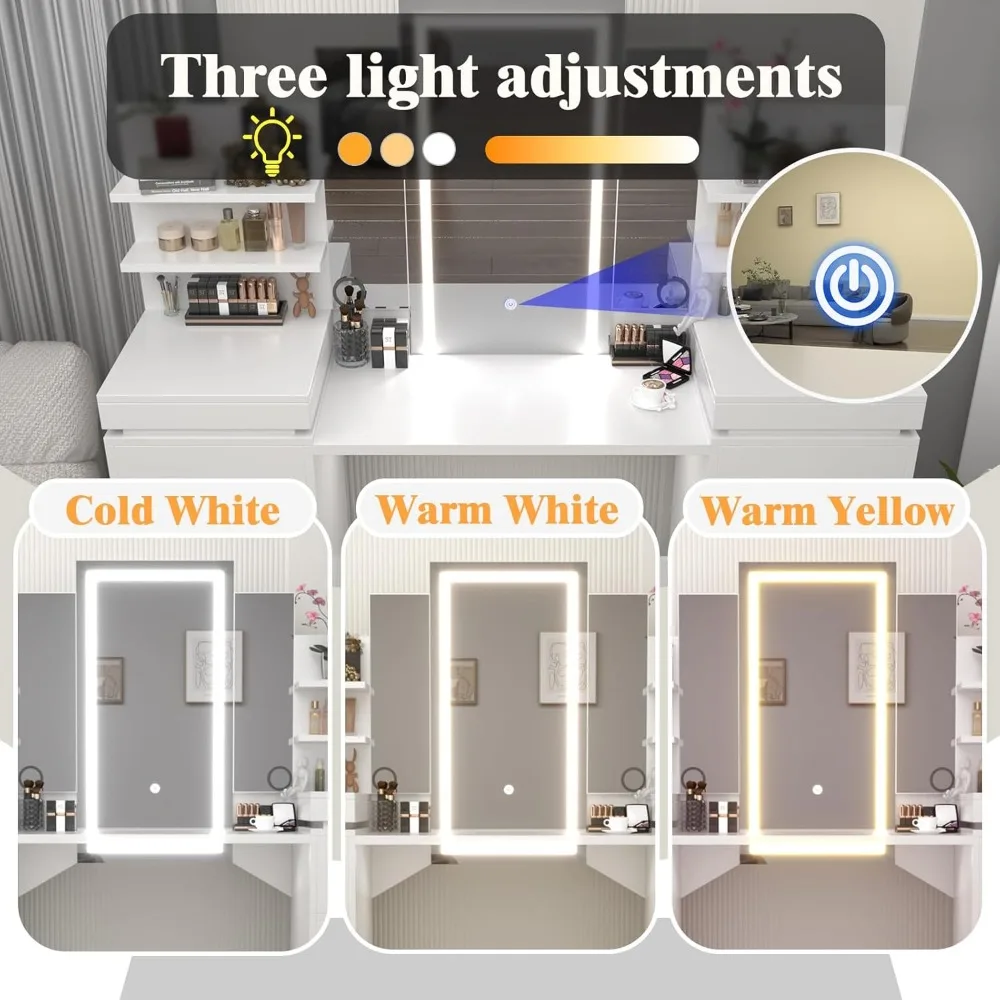 طاولة مكياج فانيتي مقاس 57.1 بوصة مع طاولة مرآة مضاءة مع مرآة ثلاثية الطي، 8 أدراج، 3 أوضاع إضاءة، أرفف تخزين مفتوحة، V