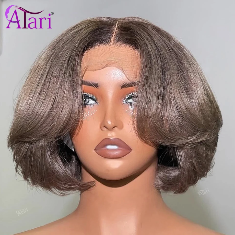 Peluca de Cabello Humano Liso Marrón Ceniza Corto Estilo Bob con Capas, Transparente 13x4, Encaje Frontal Completo, Marrón Frío Mate, Densidad 200