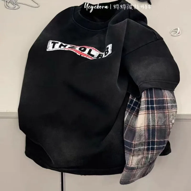 2025 الربيع والخريف جديد الأولاد هوديي كم طويل ريترو وهمية قطعتين قميص مطبوع للأطفال موضة عادية أسفل قميص #2