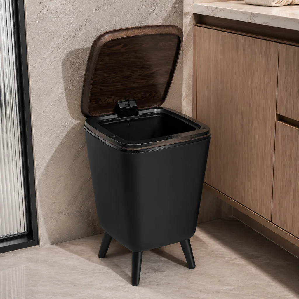 Mid‑Century Decorative Waste Basket, Black Plastic Standing Trash Bin With Wood‑Pattern Swing Lid & Four Legs, Odor‑Block Lidded Garbage Can for Indoor Household