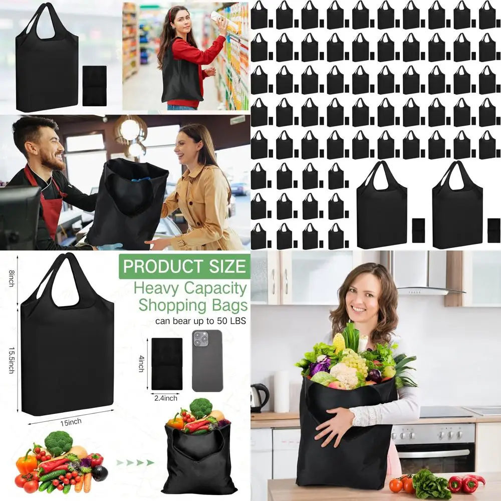 

Reusable 100-Pack Polyester Grocery Bags, Foldable Tote Pouches, Washable, Holds 50 Lbs (Black)