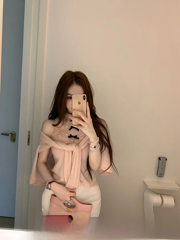 

Sweet Knot Woolen Knitted Cardigan Women's Spring Summer Slim Fit Korean Sle Long Sve V-Ne Two-Piece Set