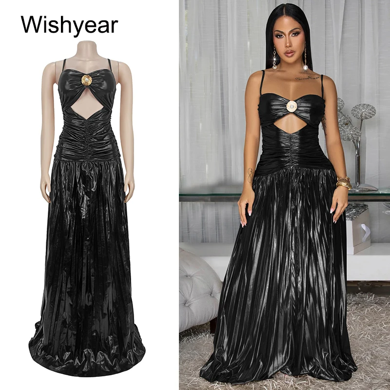 

Wishyear Metallic A-line Pleated Black Dress Women Spaghetti Strap Hollow Out Ruched Birthday Evening Party Autumn Robe Vestidos