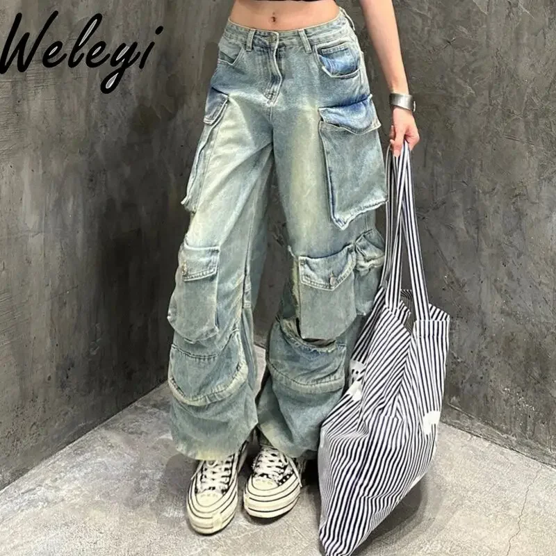 American High Streetwear Multi Pockets Overalls Jeans Men's and Women's 2024 New Hiphop Worn Ripped Mopping Denim Pants Femme