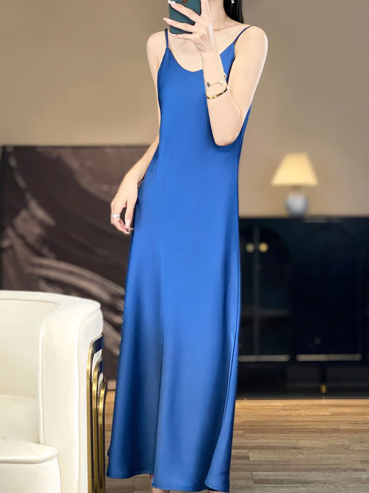 Ele Silk Satin Wrap Dr Women Summer Thin Base Long Skirt High Waist A-Line Gown No Sve V-Ne Commute Simple Sle