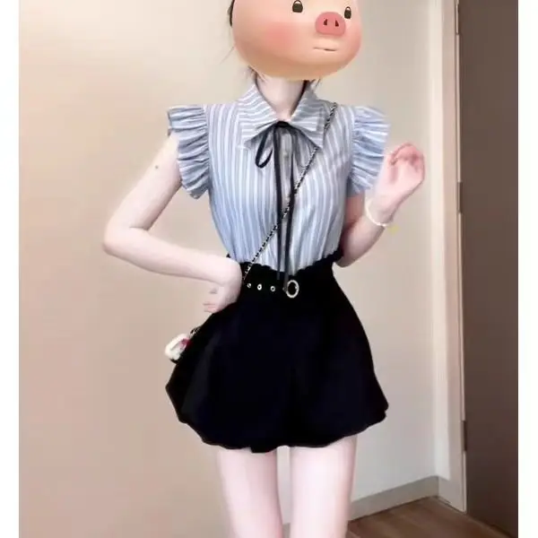 Blue Striped Summer Shirt And Short Skirt Two-Piece Set Women's Fashion Small Size Clothing Korean Style Half Sleeve  Neck