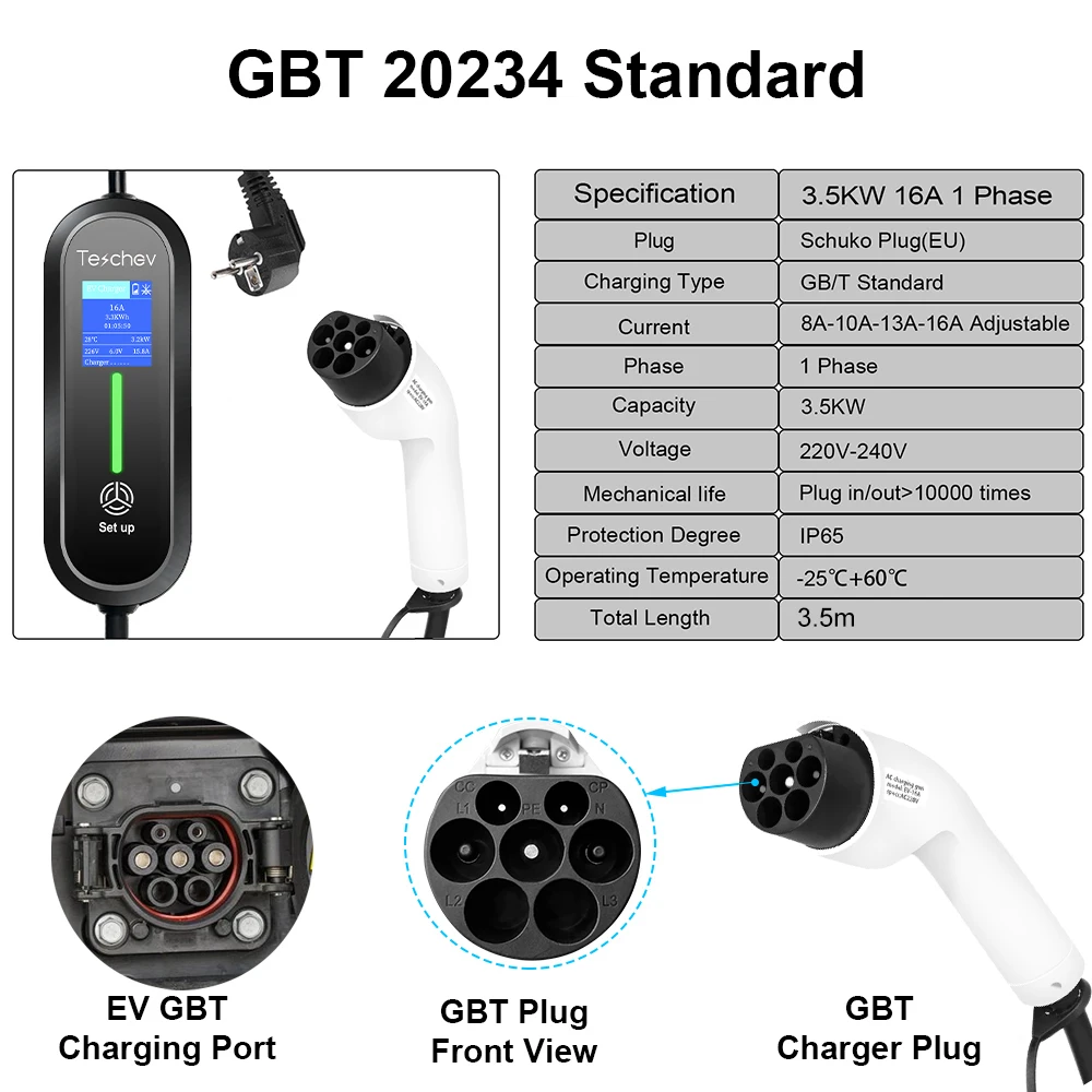 Teschev 16A Type 1 Electric Car Charger Type 2 Charging Cable GBT Charging Station Wallbox EVSE 3.5kW Electric Charger Cord