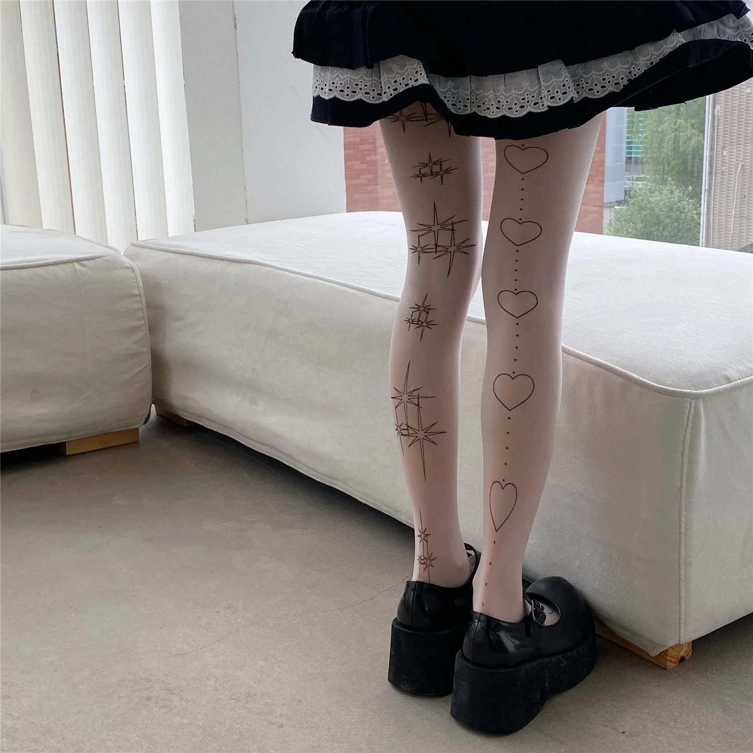 Harajuku Graffiti  Star Love Lolita Pantyhose Women\'s Beauty Skin Long Socks Tattoo Printing White Silk Sexy Stockings