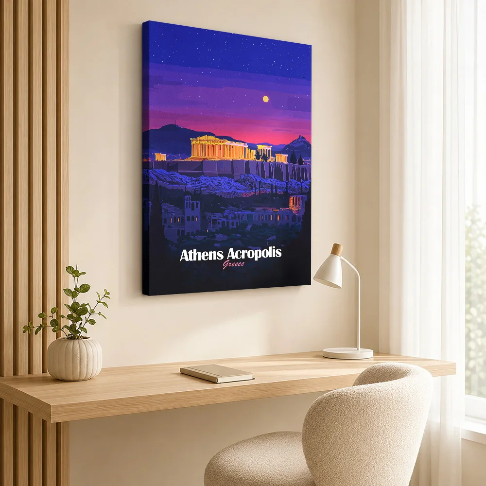 Athens Acropolis Night Canvas Print With Wooden Frame Personalized Photo Painterly Detail Wall Art For Living Room Birthday Gift