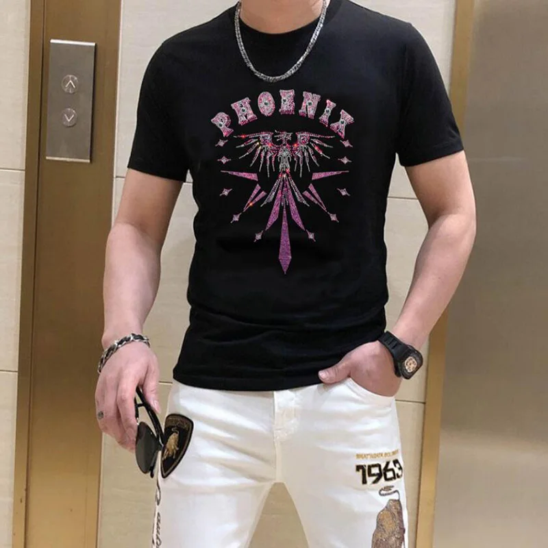 BORUNKE 2024 New Fashion Cool  Designer Rhinestone T-Shirts Hot Sale European Luxury  T Shirt Men  Casual Streetwear Tops 168